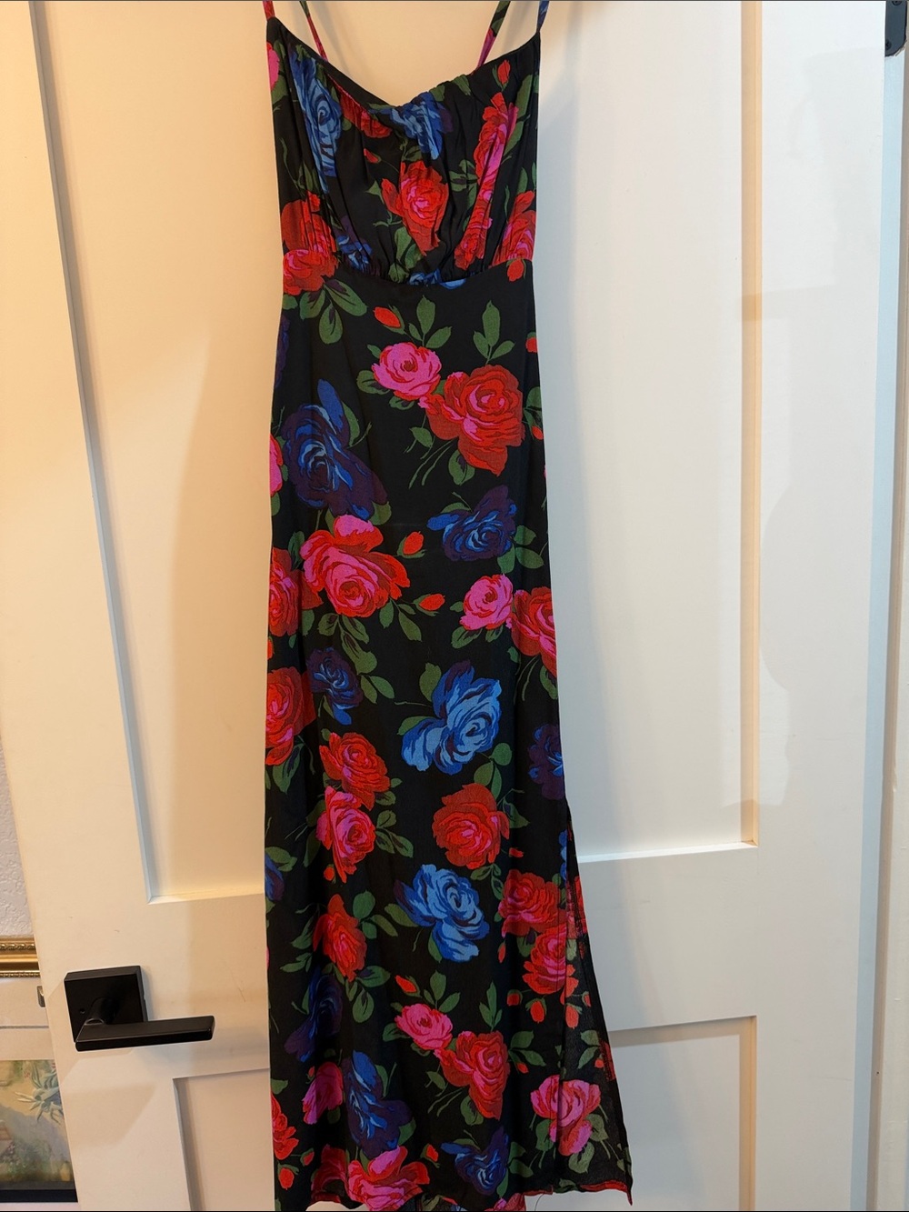 Black Floral Midi Dress with Red & Blue Roses